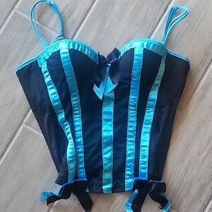 Morbid Threads goth Corset Bustier Top turquoise and black skulls bows Size 36C